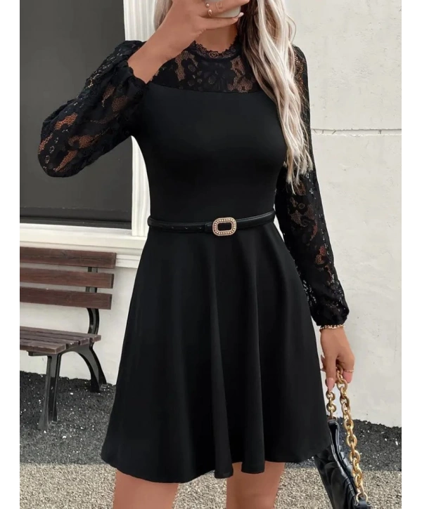 Kadın Uzun Kollu Dantelli Kloş Mini Ithal Krep Elbise
