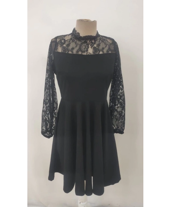 Kadın Uzun Kollu Dantelli Kloş Mini Ithal Krep Elbise