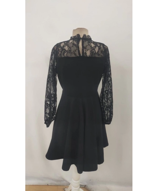 Kadın Uzun Kollu Dantelli Kloş Mini Ithal Krep Elbise