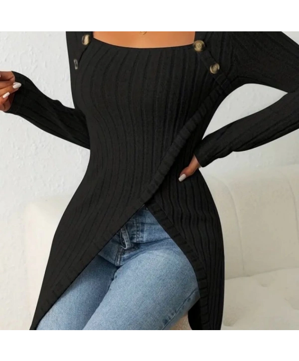 Kadın Uzun Kollu Derin Kare Yaka Düğme Detay şardonlu Kaşkorse Kruvaze Bluz