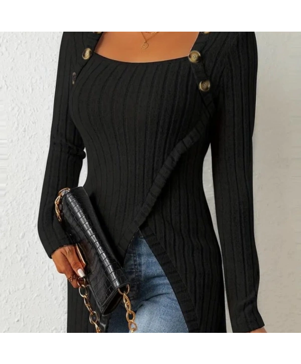 Kadın Uzun Kollu Derin Kare Yaka Düğme Detay şardonlu Kaşkorse Kruvaze Bluz