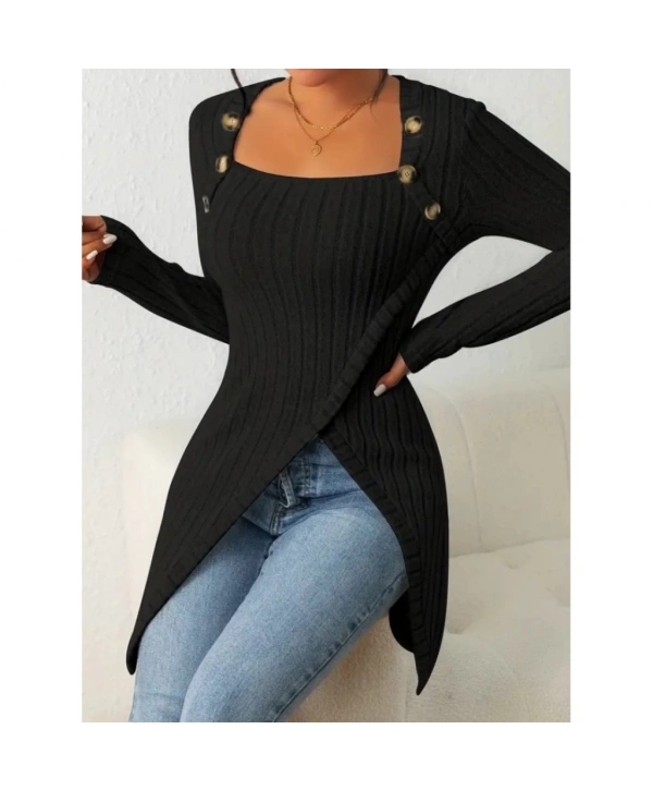 Kadın Uzun Kollu Derin Kare Yaka Düğme Detay şardonlu Kaşkorse Kruvaze Bluz