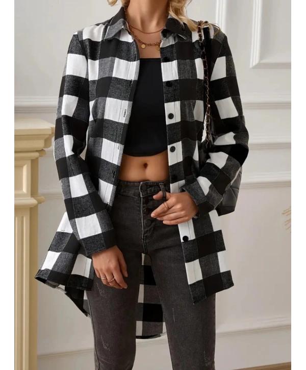 Kadın Uzun Kollu Ekoseli önden Düğmeli Dokuma Uzun Gömlek