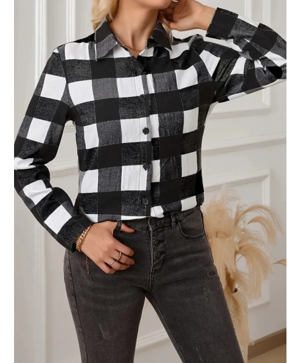 Kadın Uzun Kollu Ekoseli önden Düğmeli Dokuma Uzun Gömlek