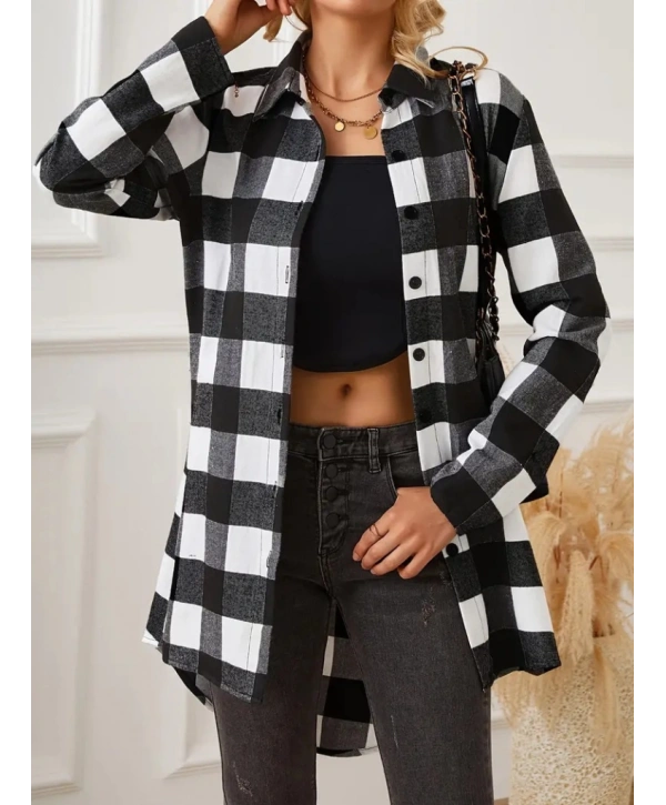 Kadın Uzun Kollu Ekoseli önden Düğmeli Dokuma Uzun Gömlek