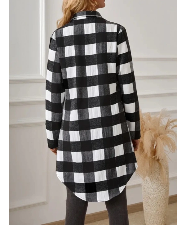 Kadın Uzun Kollu Ekoseli önden Düğmeli Dokuma Uzun Gömlek