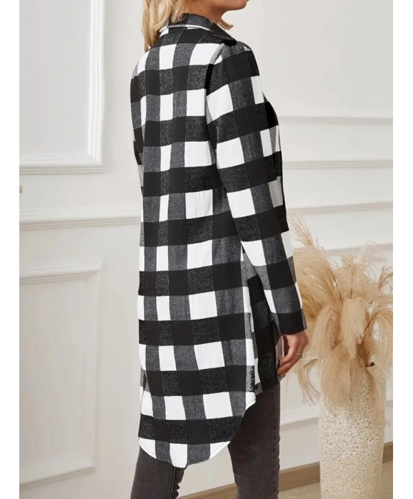 Kadın Uzun Kollu Ekoseli önden Düğmeli Dokuma Uzun Gömlek