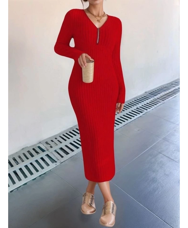 Kadın Uzun Kollu Fermuar Detay Fitilli Kaşkorse Kumaş Maxi Boy Elbise