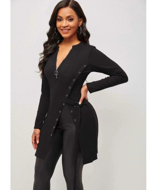 Kadın Uzun Kollu Fermuarlı Yan Yırtmaç çıtçıt Düğme Detay Fitilli Kaskorse Elbise