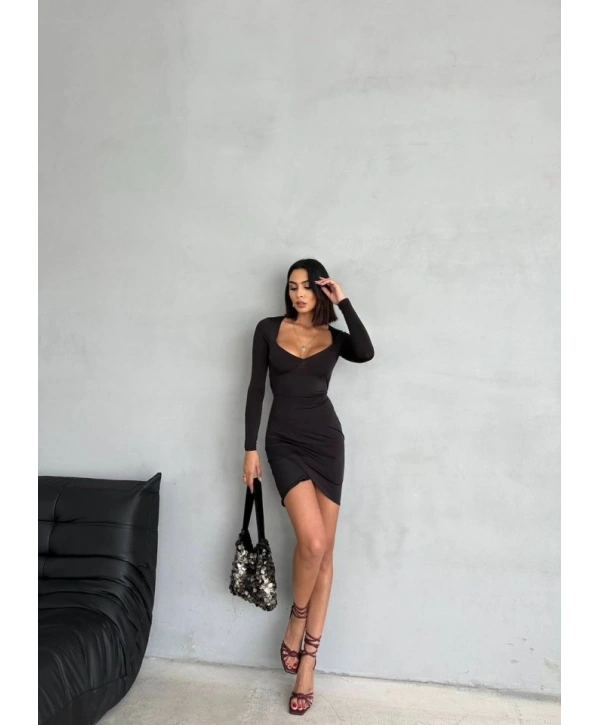 Kadın Uzun Kollu Göğüs Ve Sırt Dekolteli Kruvaze Etek Detay Fırsat ürün Mini Elbise
