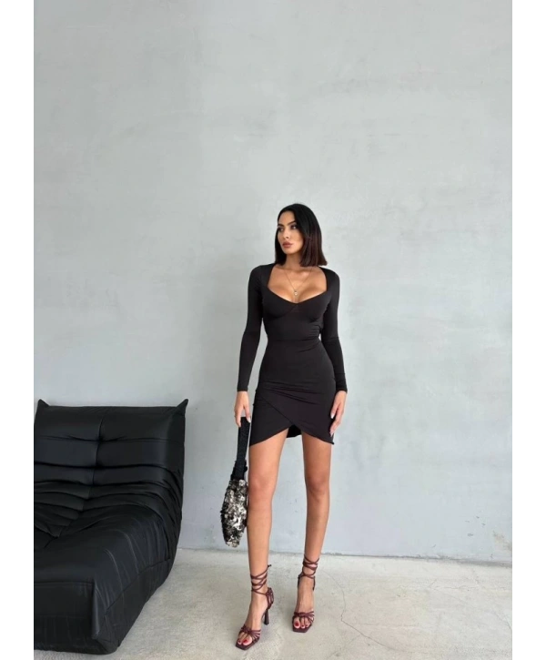Kadın Uzun Kollu Göğüs Ve Sırt Dekolteli Kruvaze Etek Detay Fırsat ürün Mini Elbise