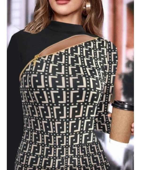 Kadın Uzun Kollu Göğüste çapraz Fermuar Detay Dalgıç Mini Boy Elbise