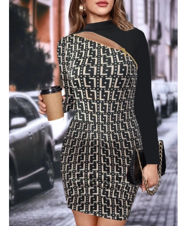 Kadın Uzun Kollu Göğüste çapraz Fermuar Detay Dalgıç Mini Boy Elbise