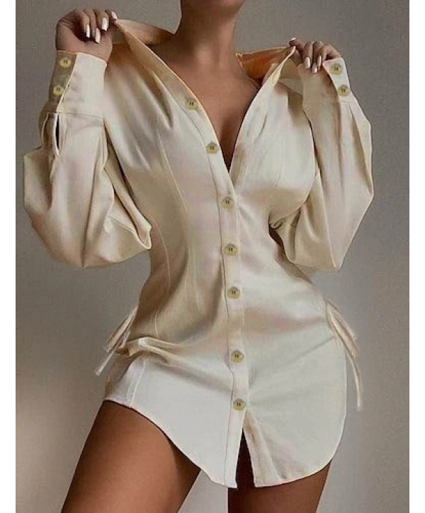 Kadın Uzun Kollu Gömlek Yaka önden Düğmeli Yanlardan Büzgülü Kısa Aerobin Elbise