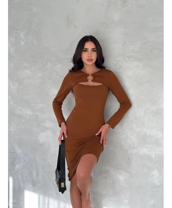 Kadın Uzun Kollu Halka Ve Pencere Dekolte Detay Fırsat ürün Midi Boy Elbise