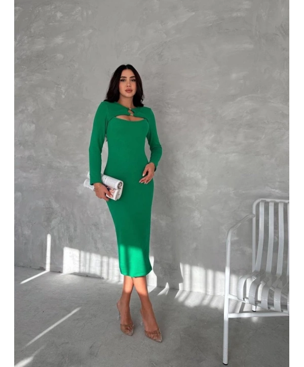 Kadın Uzun Kollu Halka Ve Pencere Dekolte Detay Fırsat ürün Midi Boy Elbise