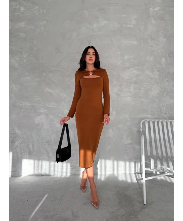 Kadın Uzun Kollu Halka Ve Pencere Dekolte Detay Fırsat ürün Midi Boy Elbise