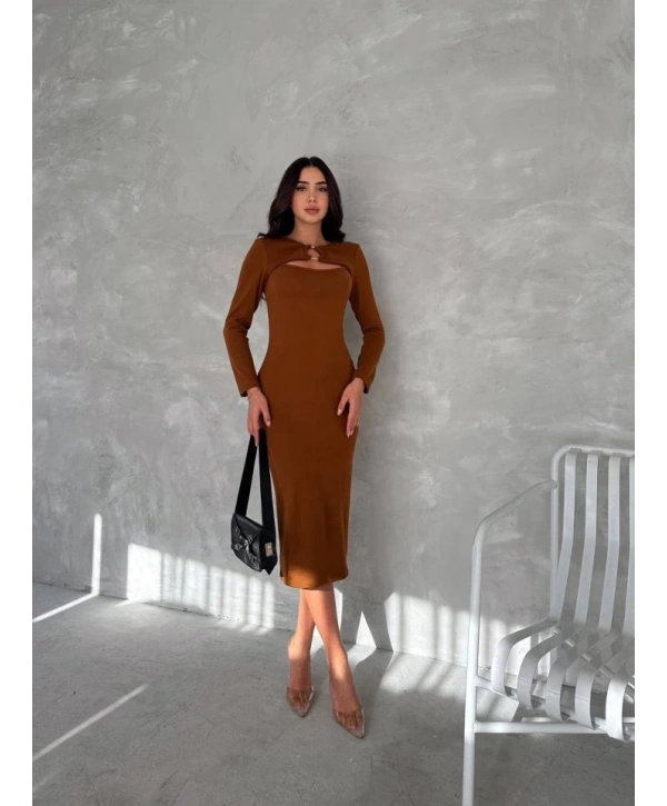 Kadın Uzun Kollu Halka Ve Pencere Dekolte Detay Fırsat ürün Midi Boy Elbise
