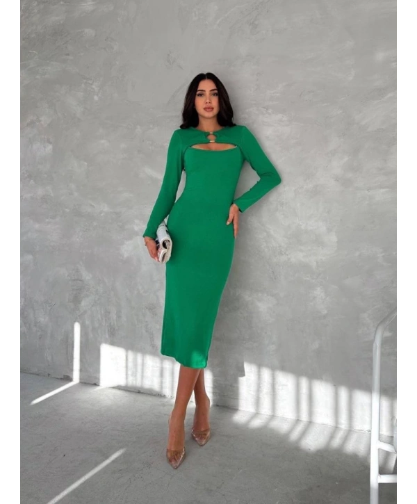 Kadın Uzun Kollu Halka Ve Pencere Dekolte Detay Fırsat ürün Midi Boy Elbise