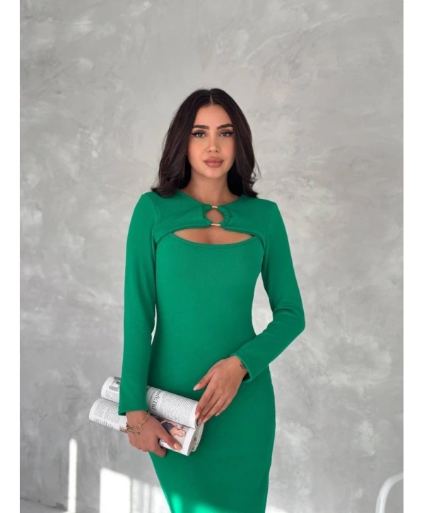 Kadın Uzun Kollu Halka Ve Pencere Dekolte Detay Fırsat ürün Midi Boy Elbise