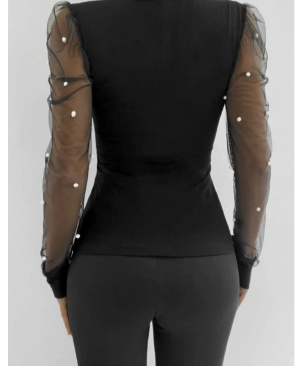 Kadın Uzun Kollu Inci Detaylı Tüllü Viskon Bluz