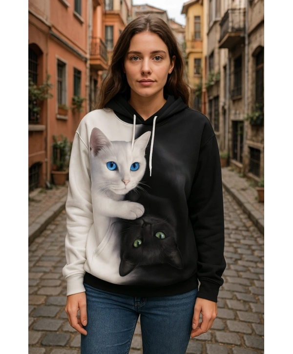 Kadın Uzun Kollu Kapşonlu Bağcıklı Kedi Desenli şardonlu Dalgıç Bluz