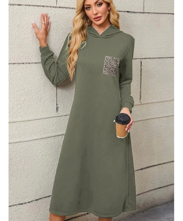 Kadın Uzun Kollu Kapşonlu Cep Detaylı Viskon Iki Iplik Maxi Elbise