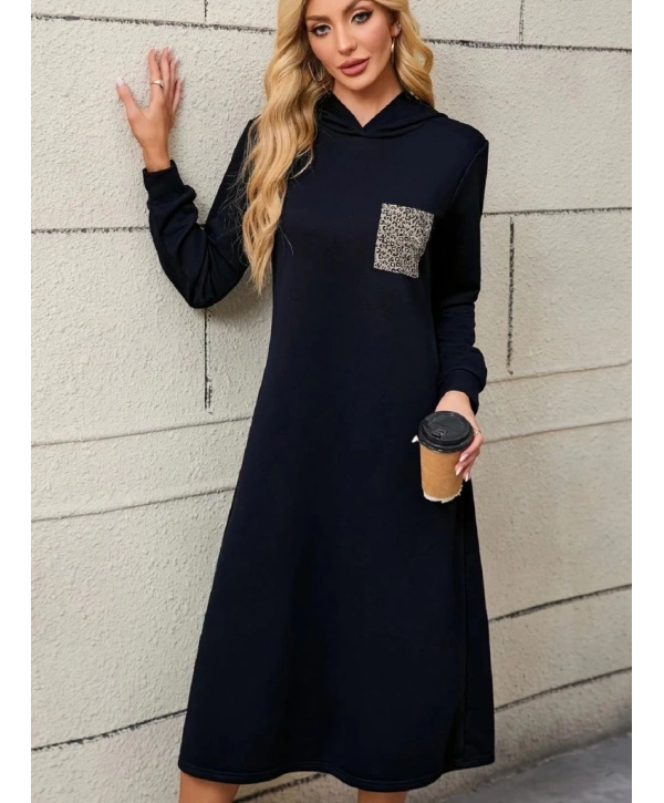 Kadın Uzun Kollu Kapşonlu Cep Detaylı Viskon Iki Iplik Maxi Elbise