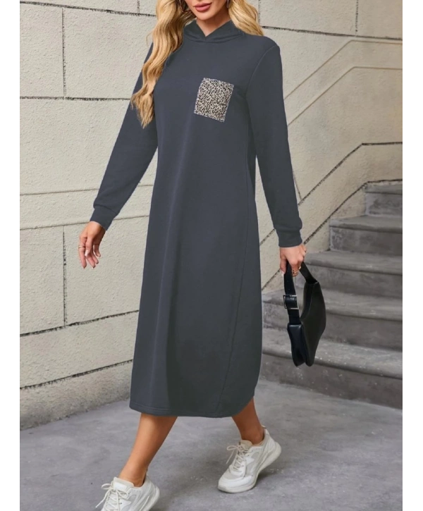 Kadın Uzun Kollu Kapşonlu Cep Detaylı Viskon Iki Iplik Maxi Elbise