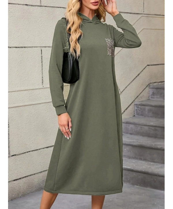 Kadın Uzun Kollu Kapşonlu Cep Detaylı Viskon Iki Iplik Maxi Elbise