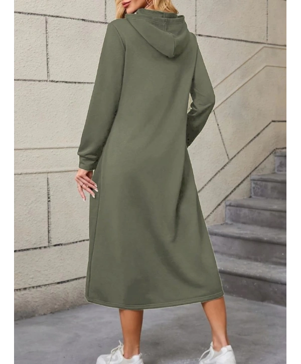 Kadın Uzun Kollu Kapşonlu Cep Detaylı Viskon Iki Iplik Maxi Elbise