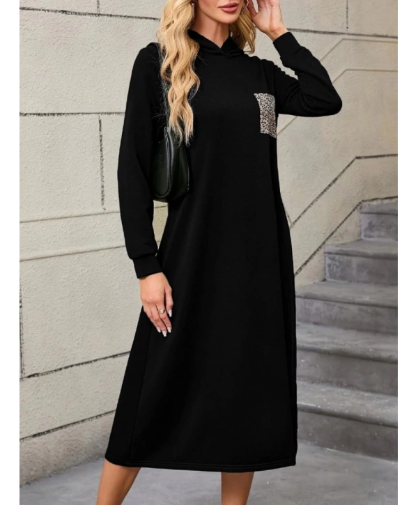 Kadın Uzun Kollu Kapşonlu Cep Detaylı Viskon Iki Iplik Maxi Elbise