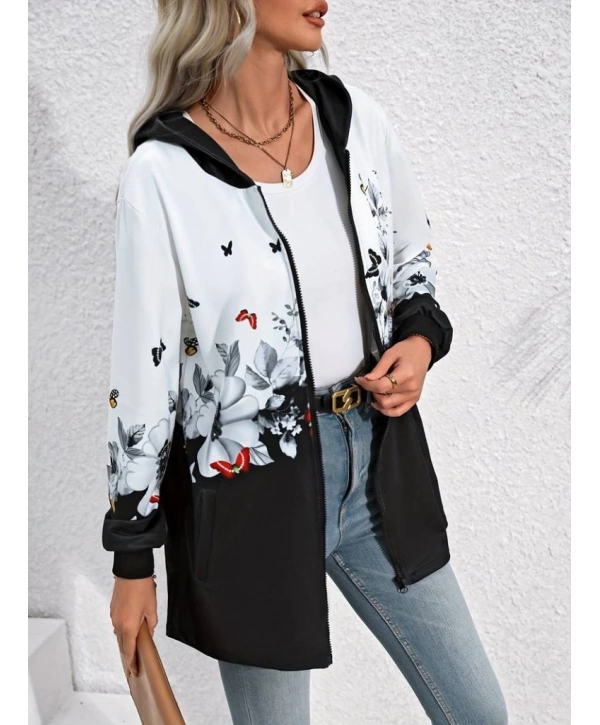Kadın Uzun Kollu Kapşonlu Fermuarlı çiçek-kelebek Desenli şardonlu Dalgıç Ceket
