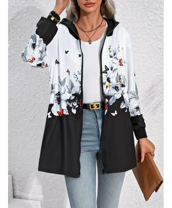 Kadın Uzun Kollu Kapşonlu Fermuarlı çiçek-kelebek Desenli şardonlu Dalgıç Ceket