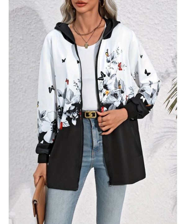 Kadın Uzun Kollu Kapşonlu Fermuarlı çiçek-kelebek Desenli şardonlu Dalgıç Ceket