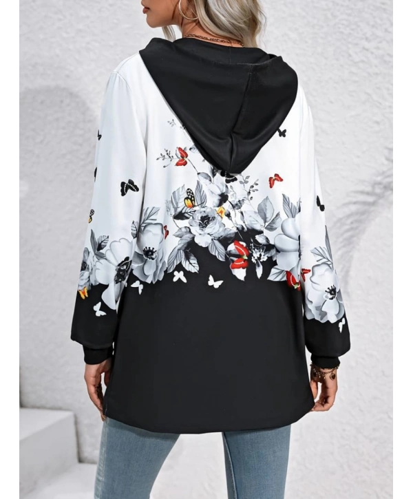 Kadın Uzun Kollu Kapşonlu Fermuarlı çiçek-kelebek Desenli şardonlu Dalgıç Ceket