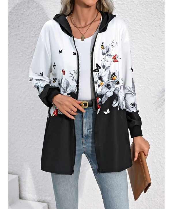 Kadın Uzun Kollu Kapşonlu Fermuarlı çiçek-kelebek Desenli şardonlu Dalgıç Ceket