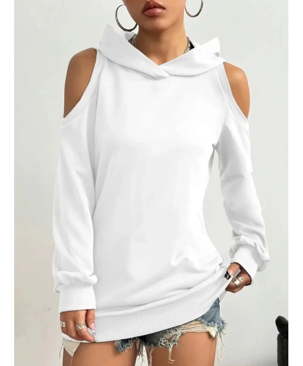 Kadın Uzun Kollu Kapşonlu Omuzlardan Açık Viskon Iki Iplik Bluz