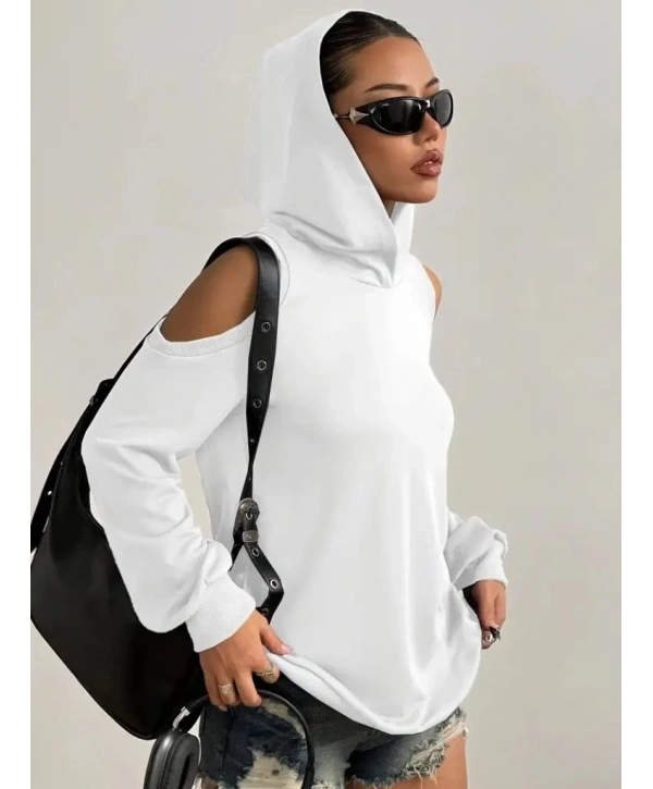 Kadın Uzun Kollu Kapşonlu Omuzlardan Açık Viskon Iki Iplik Bluz