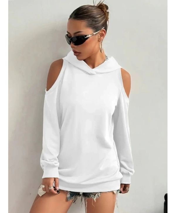 Kadın Uzun Kollu Kapşonlu Omuzlardan Açık Viskon Iki Iplik Bluz