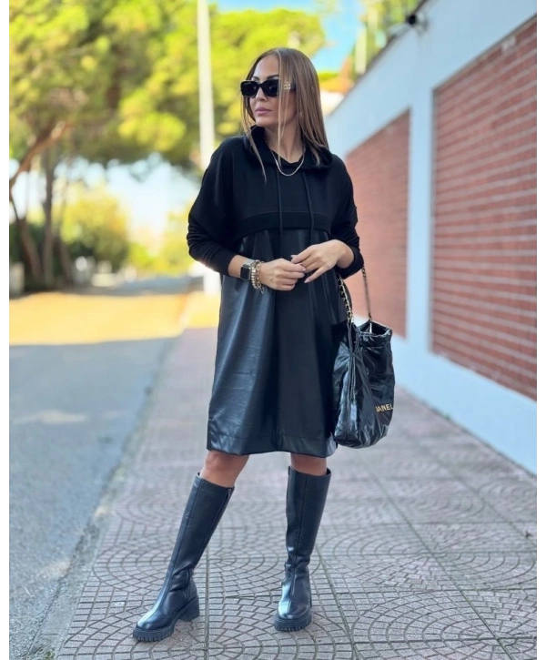 Kadın Uzun Kollu Kapüşon Ve Deri Detay Diz üstü Elbise