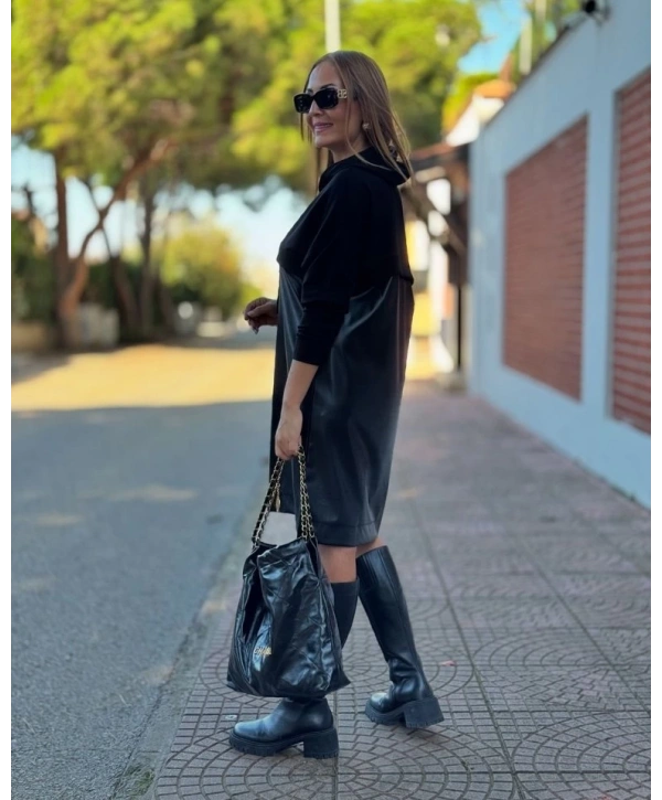 Kadın Uzun Kollu Kapüşon Ve Deri Detay Diz üstü Elbise