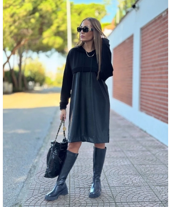 Kadın Uzun Kollu Kapüşon Ve Deri Detay Diz üstü Elbise