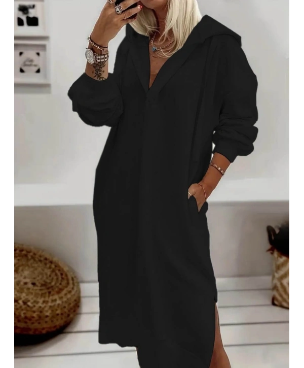 Kadın Uzun Kollu Kapüşonlu Yakası Açık Modal Elbise
