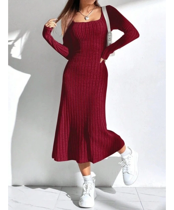 Kadın Uzun Kollu Kare Yaka Midi Kaşkorse Elbise