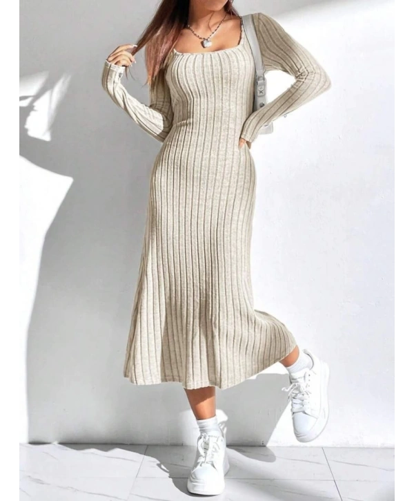 Kadın Uzun Kollu Kare Yaka Midi Kaşkorse Elbise