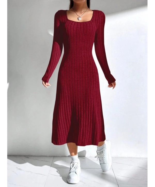 Kadın Uzun Kollu Kare Yaka Midi Kaşkorse Elbise