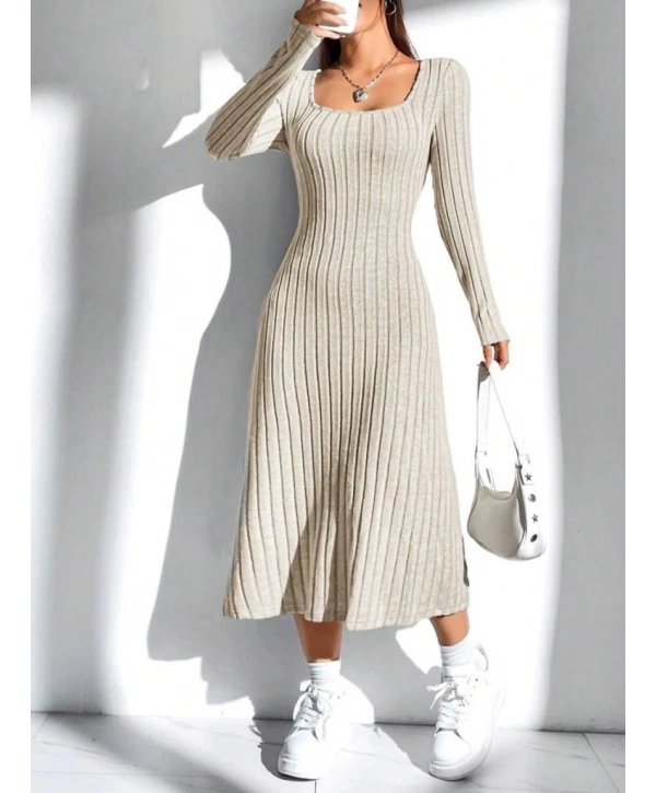 Kadın Uzun Kollu Kare Yaka Midi Kaşkorse Elbise