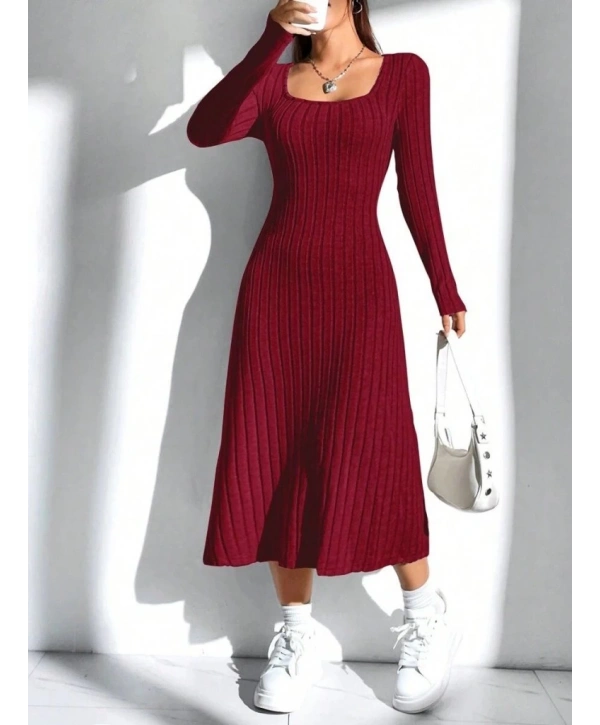 Kadın Uzun Kollu Kare Yaka Midi Kaşkorse Elbise