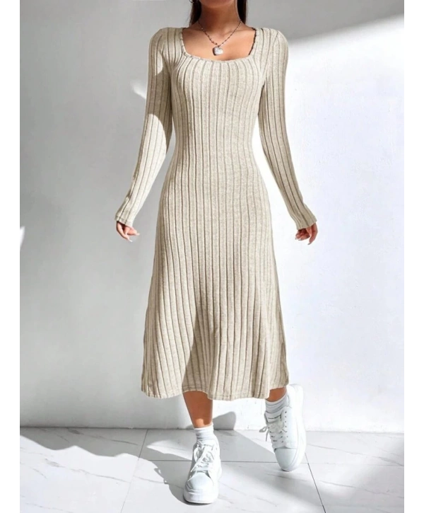 Kadın Uzun Kollu Kare Yaka Midi Kaşkorse Elbise